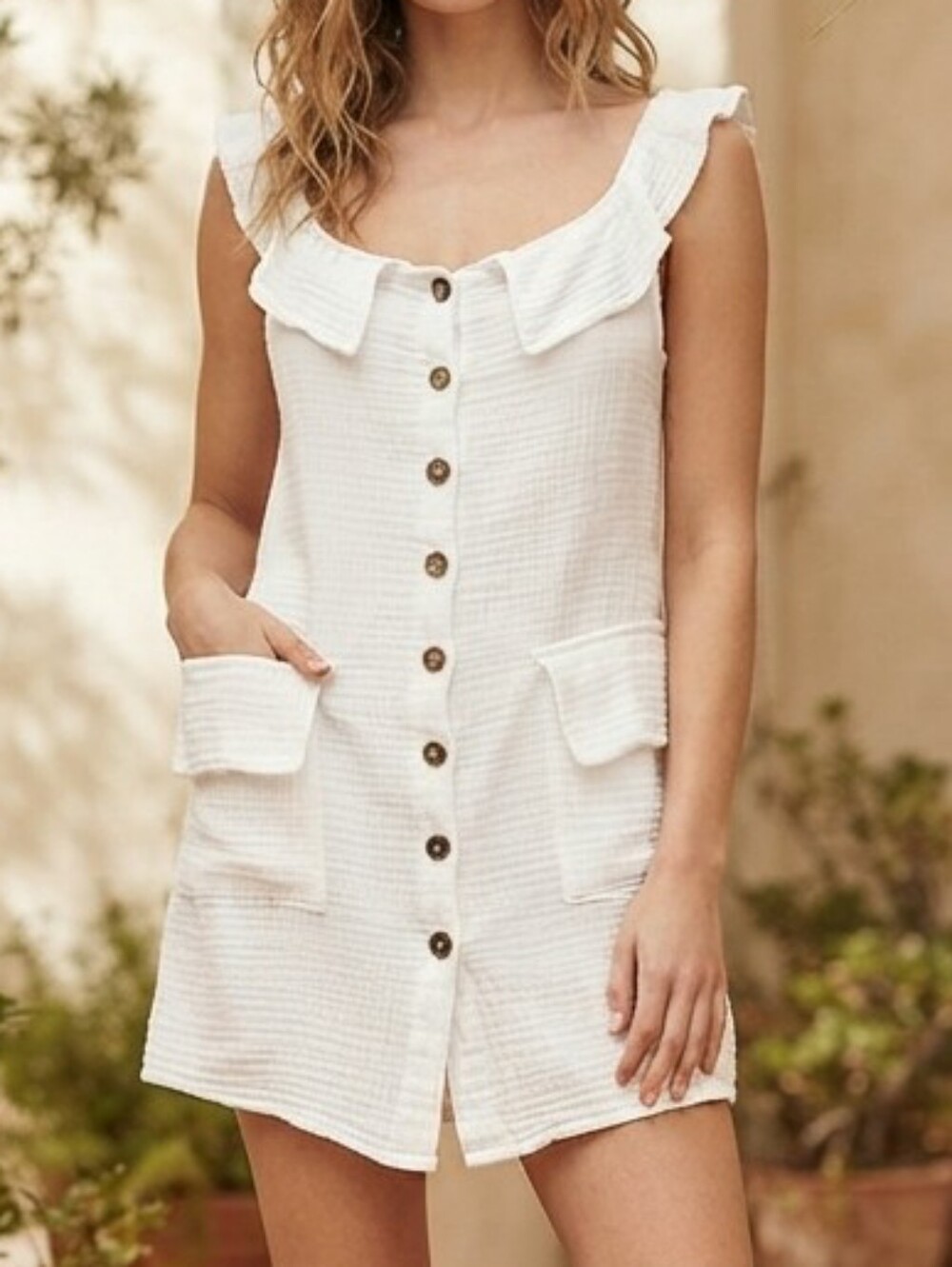 Gauze Off The Sholder Button Down Mini Dress